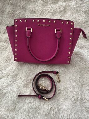 Michael Kors Magenta Studded Saffiano Leather Satchel